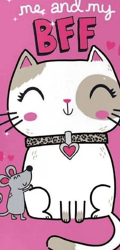 Cute cat and mouse illustration on pink background.