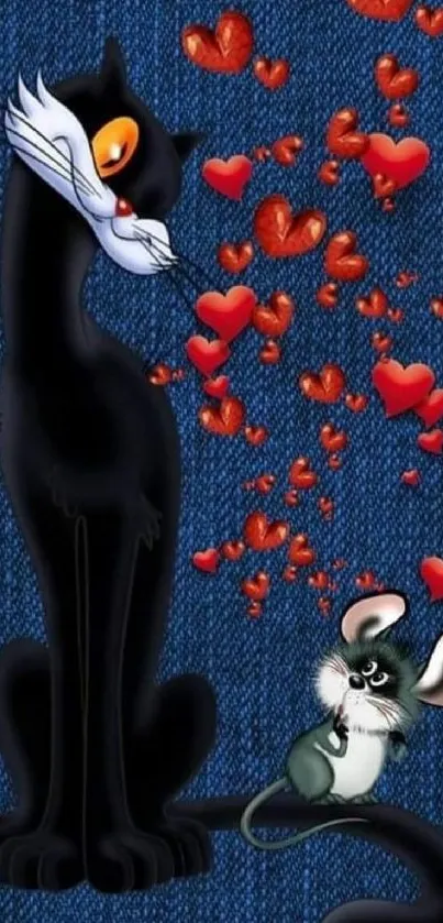 Cute cartoon cat and mouse with hearts on a denim background.