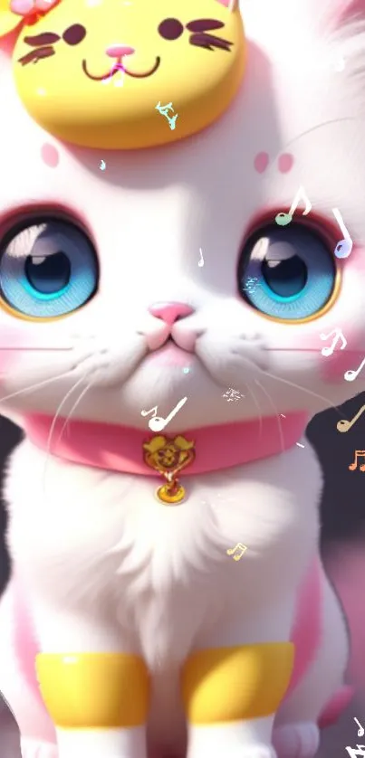 A cute cartoon cat with blue eyes surrounded by musical notes on a white background.