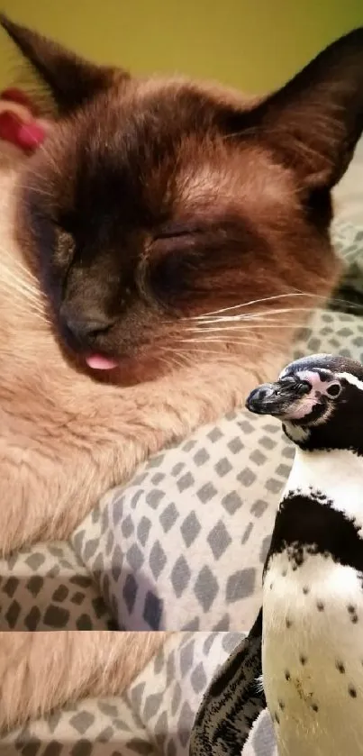 Siamese cat sleeping peacefully next to a penguin.