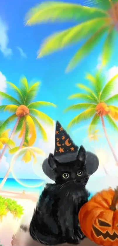 Black cat with witch hat and pumpkin on a sunny beach with palm trees.