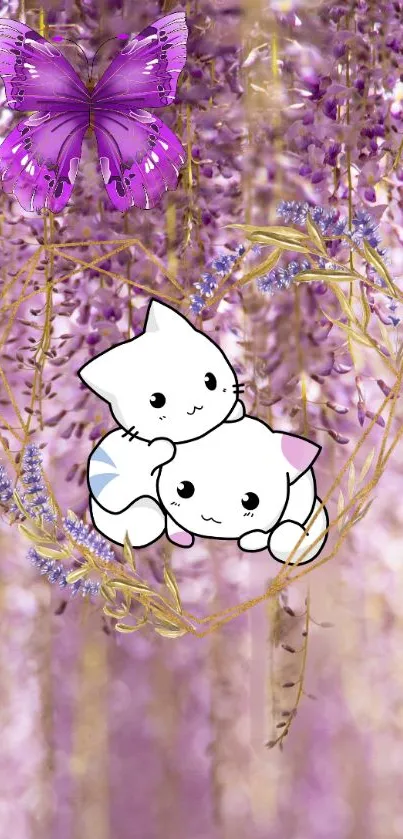 Cute cartoon cats with a purple butterfly amidst wisteria flowers.