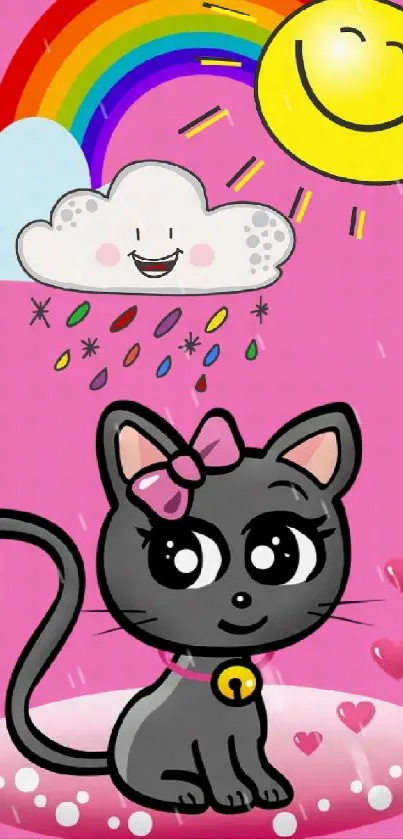 Black cat sitting under rainbow with pink background.