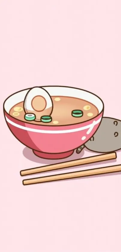 Cute cat with ramen bowl on pink background.