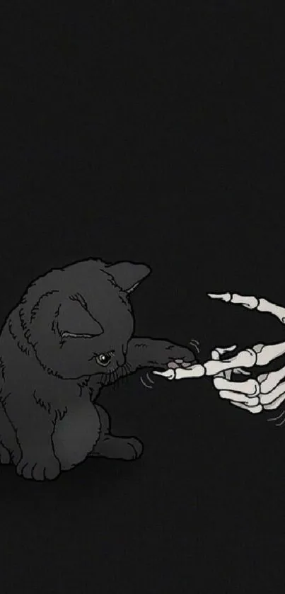 Black cat touching skeleton hand on dark wallpaper.