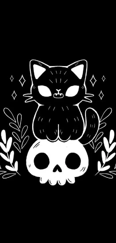 Cute black cat sitting on a skull in black and white art.