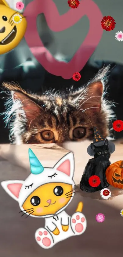 Adorable cat with Halloween-themed stickers and emoji art design.