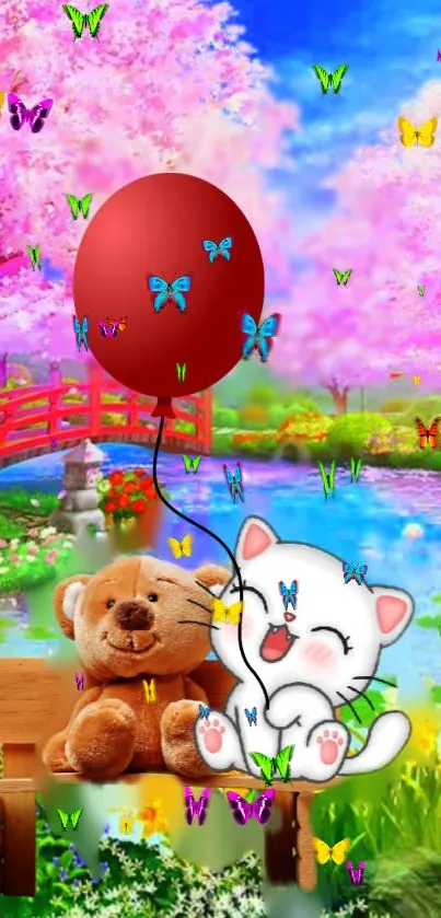 White cat and teddy with balloon in colorful garden with butterflies and blossoms.