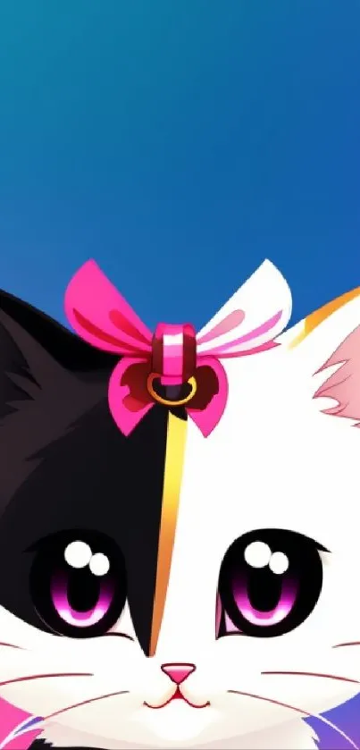 Adorable anime cat with bow on colorful wallpaper background.