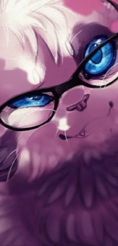 Anime-style cat with glasses and blue eyes in a vibrant, artistic phone wallpaper.