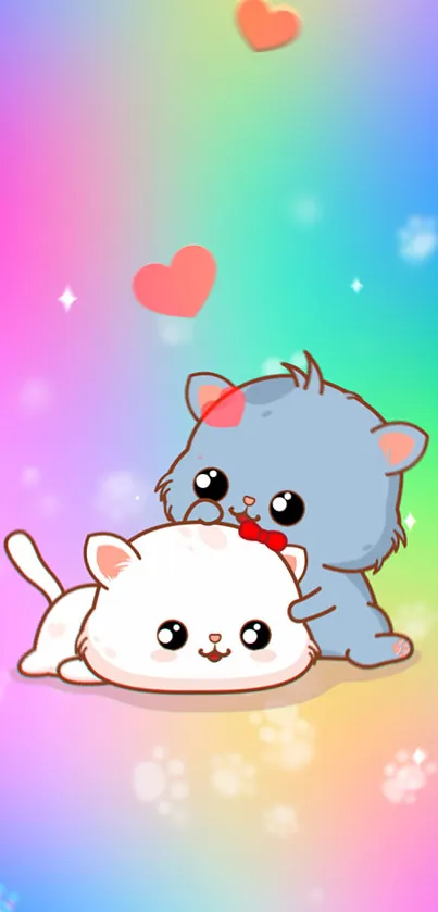 Adorable anime cats with rainbow background.