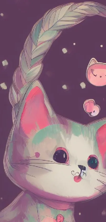 Whimsical cat art with pastel colors and fun details on a mobile wallpaper.