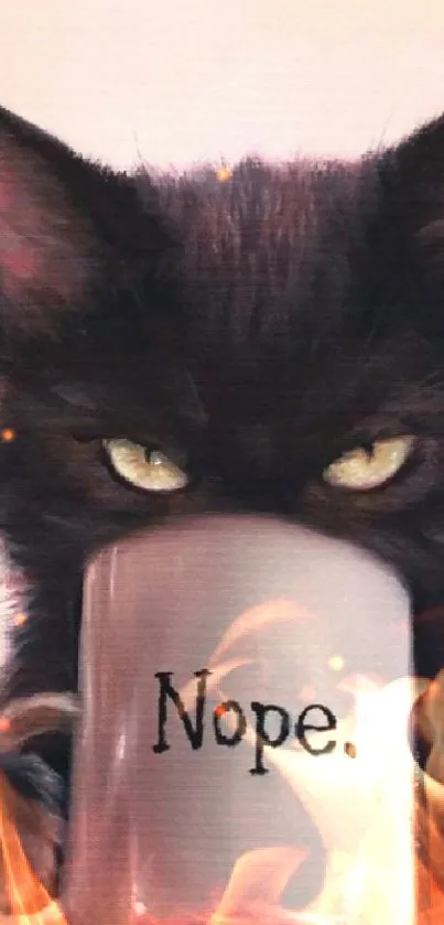 Artistic black cat holding a mug wallpaper.