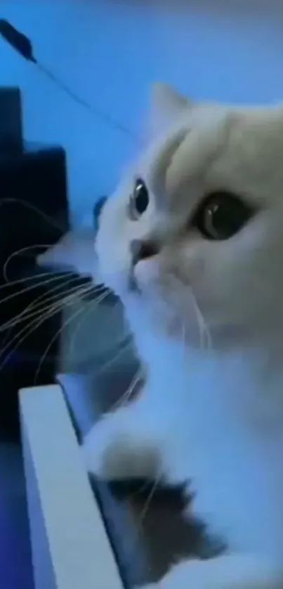 Fluffy white cat sitting at a glowing blue computer desk.