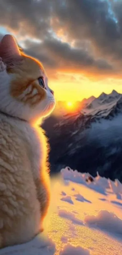 Fluffy cat sitting on snowy mountain at sunset.