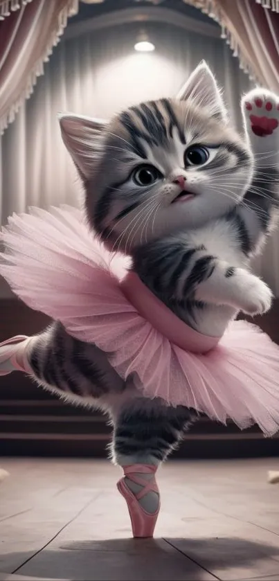 Adorable kitten in pink tutu dances ballet on stage.