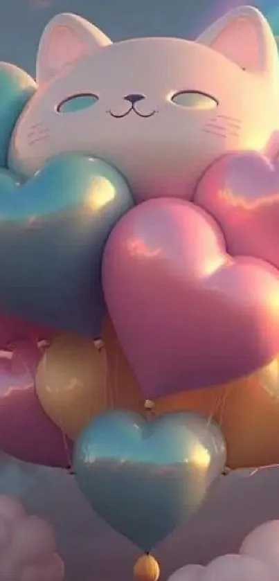 Cute cat with heart balloons in rainbow sky wallpaper.