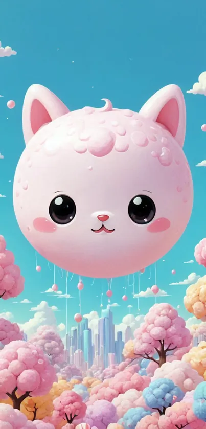 Adorable pink cat balloon floats over pastel landscape.