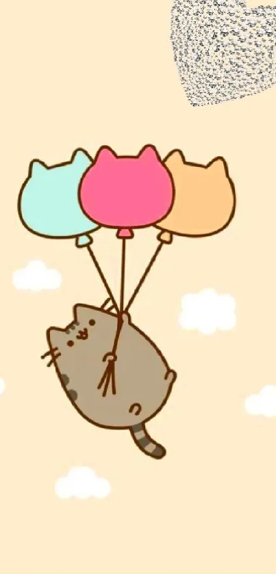 Kawaii cat floating with pastel balloons wallpaper.