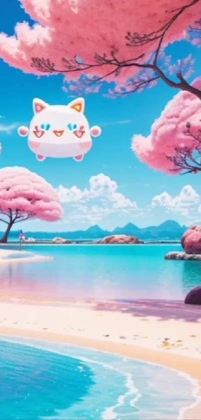 Floating cute cat over pink beach and blue ocean with pink trees.