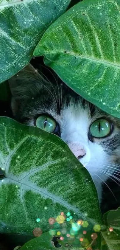 Cat peeking through vivid green leaves, creating a whimsical and vibrant mobile wallpaper.