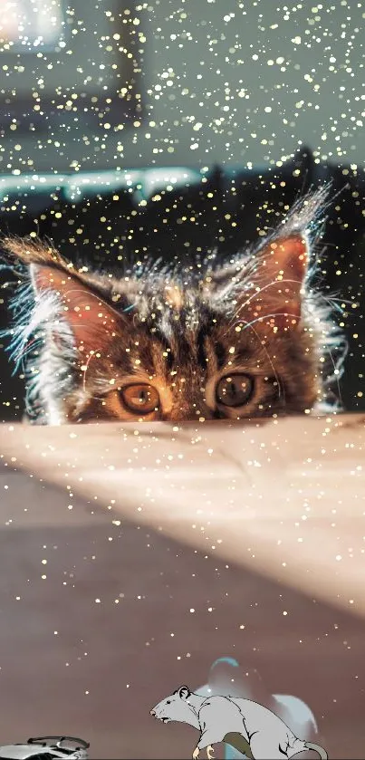 Adorable kitten peeking behind sparkles in a charming wallpaper display.