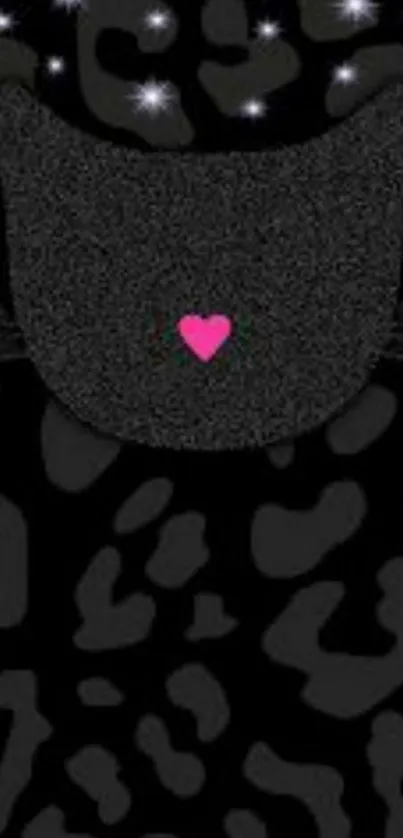 Cute black cat wallpaper with leopard print and pink heart accent.