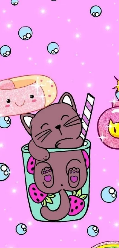 Kawaii cat in boba tea cup with pink background and sparkles.