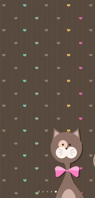 Cartoon cat with hearts on brown wallpaper.