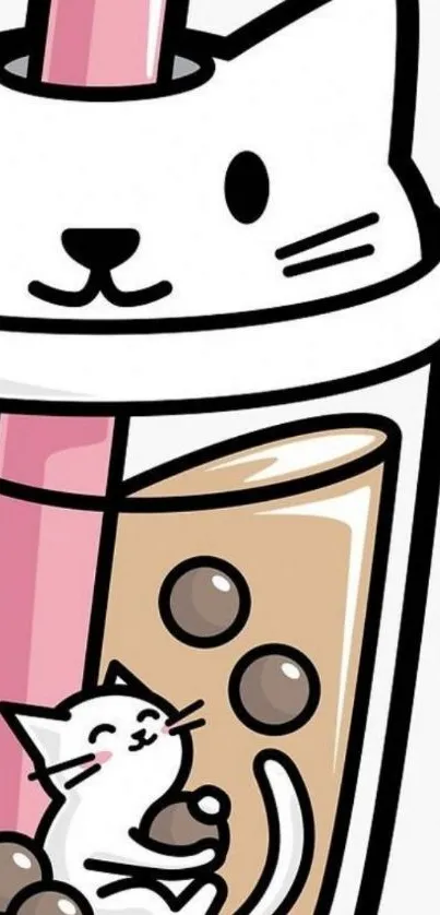 Cute cartoon cat enjoying bubble tea in this mobile wallpaper.