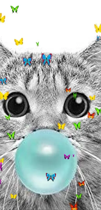 Adorable kitten with bubblegum mobile wallpaper in turquoise.