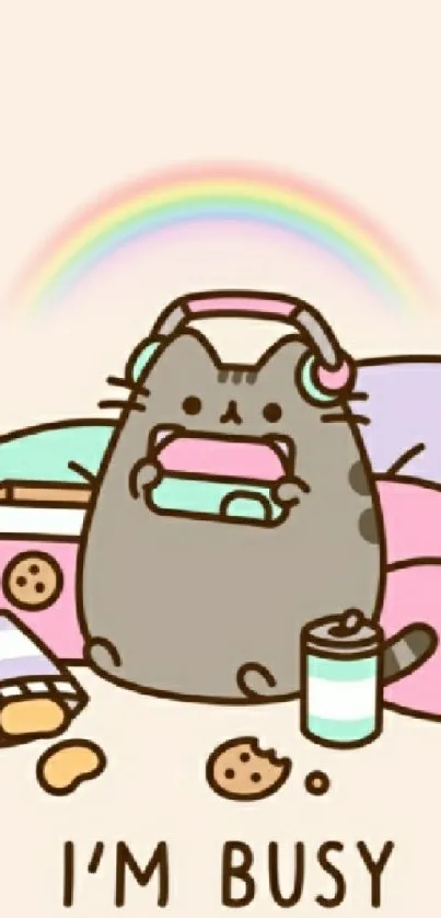 Adorable cartoon cat with rainbow and snacks on peach background.