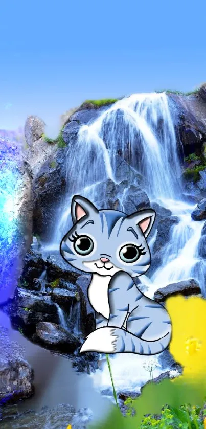 Illustrated cute cat by a vibrant waterfall.