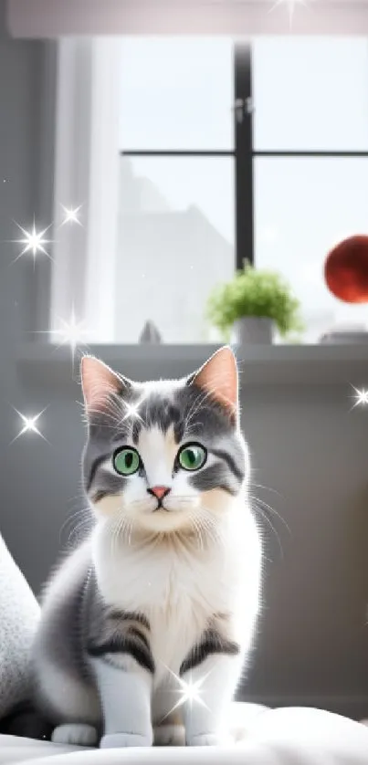 Cute cat with green eyes by a window in a stylish, cozy room.