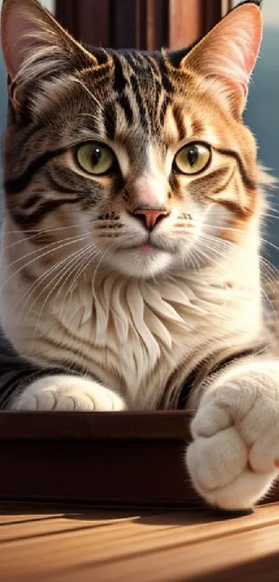 Cat relaxing by a window with sunlight streaming in, creating a tranquil scene.