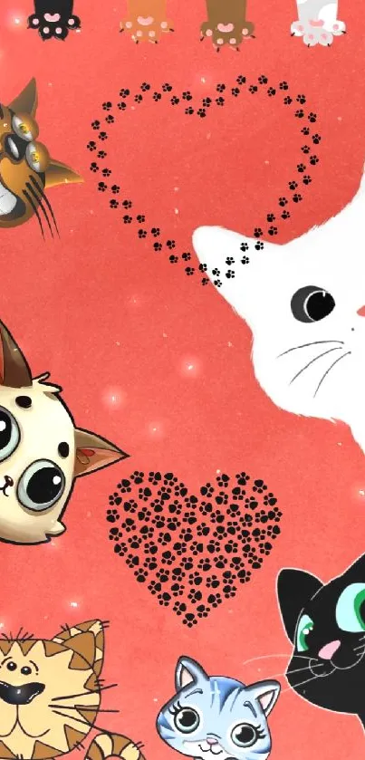 Cartoon cats with hearts on red background.