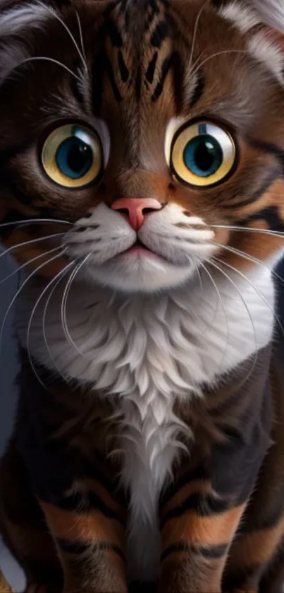 Cute cartoon cat with big eyes and brown stripes.