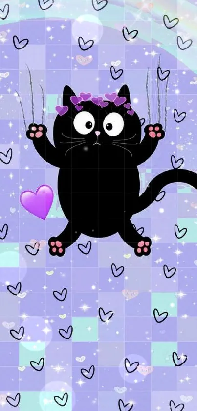 Cute cartoon cat with hearts on pastel wallpaper.