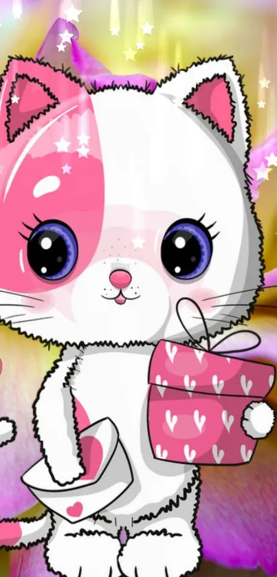 Cute cartoon cat with a pink background and hearts.