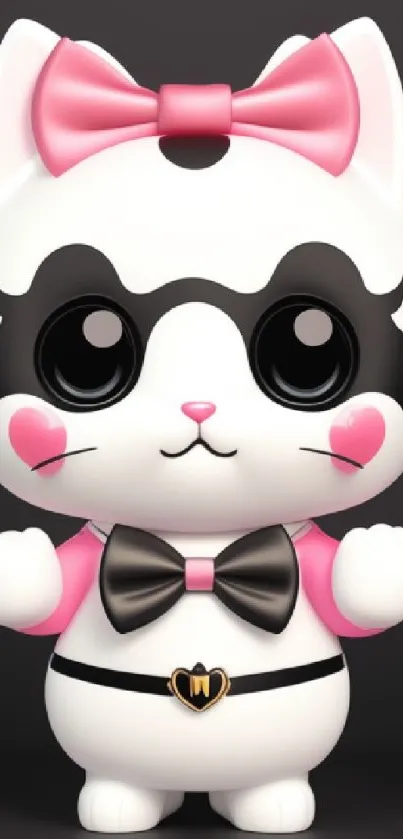 Cute cartoon cat with pink bow and big eyes on a mobile wallpaper.