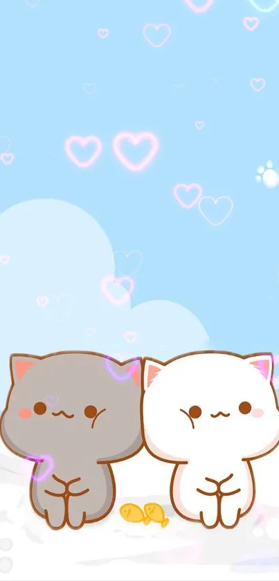 Cute cartoon cats with hearts in a blue sky wallpaper.