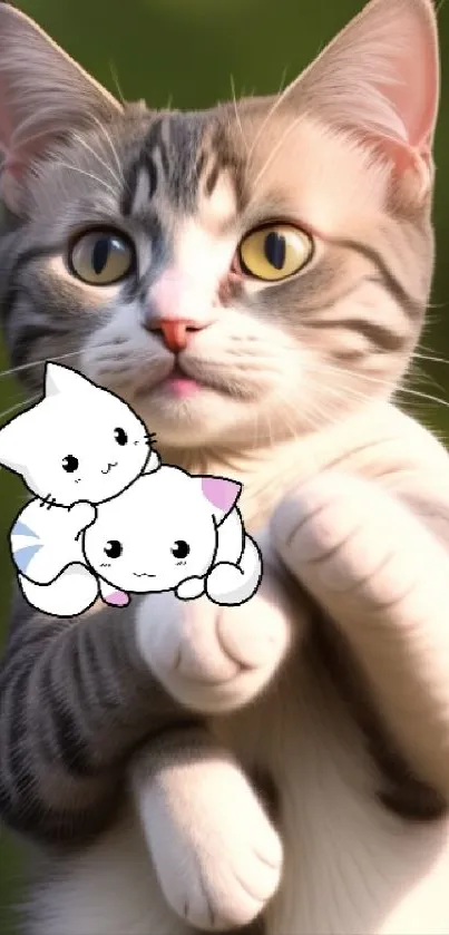 Adorable cat with cartoon overlay on green background.