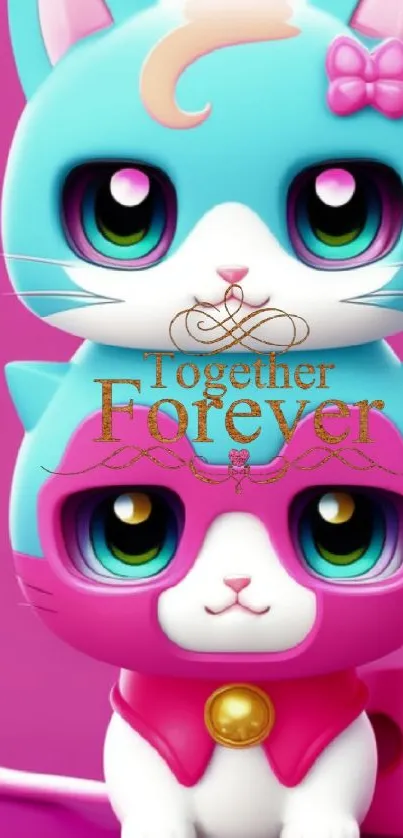 Adorable pink and teal cartoon cats stacked together.