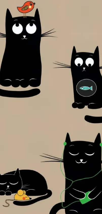 Four cartoon black cats on a beige background.