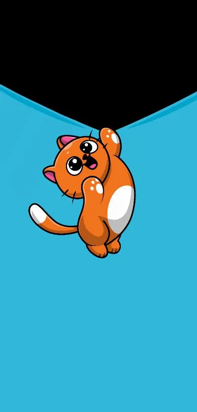 Adorable cartoon cat hanging on cyan background wallpaper.