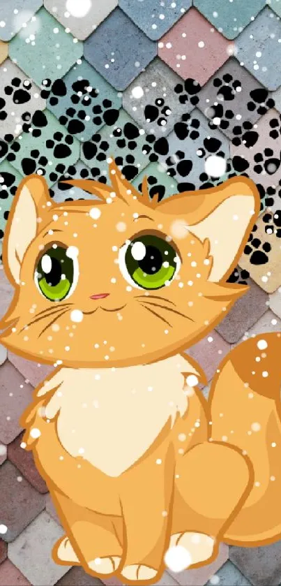 Cute illustrated cat on colorful geometric background.