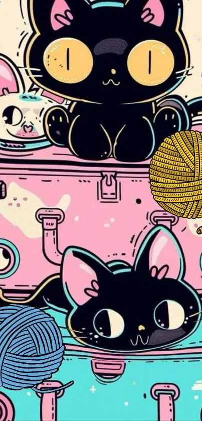 Cute cartoon cats with colorful yarn balls.