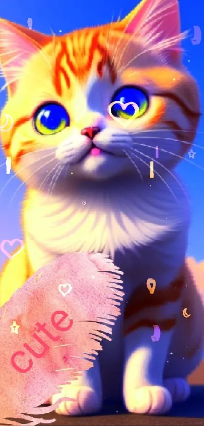 Cute cartoon cat with vibrant colors and sky background on mobile wallpaper.