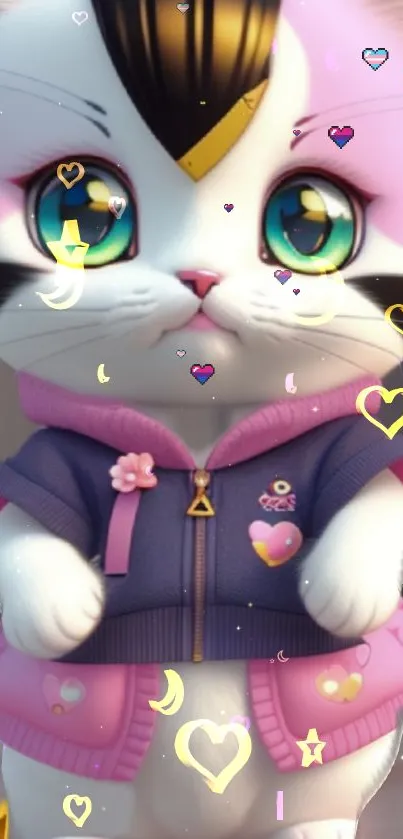 Adorable cartoon cat in pink attire with hearts and stars.