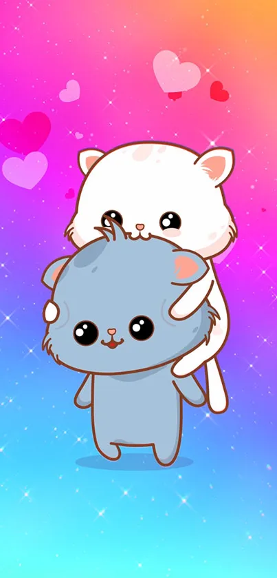 Cute cartoon cats on a vibrant gradient background with hearts.